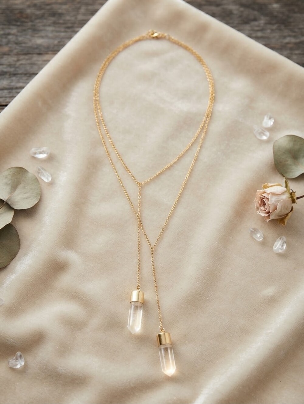 Gold Layered Double Crystal Point Lariat Necklace Boho Witchy Quartz CC